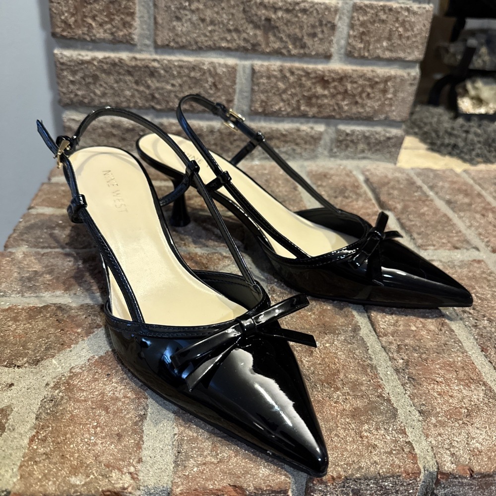Nine West Women's Reissa Pumps Pointed Toe Kitten Heel Patent Black Size 9M #465